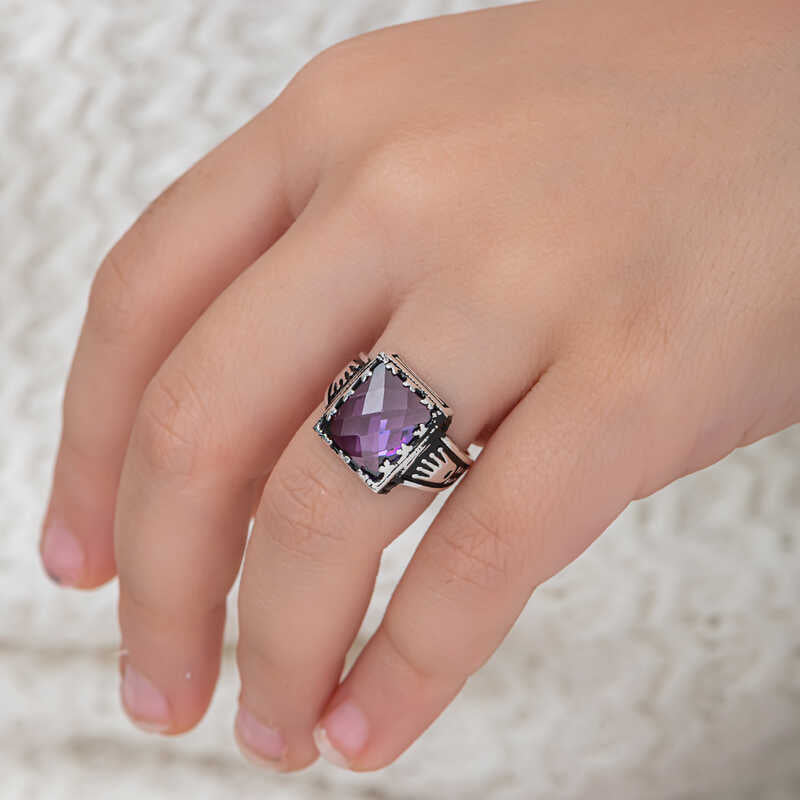 Men's Statement Ring - Sterling Silver Lilac Zircon with Crown Detail