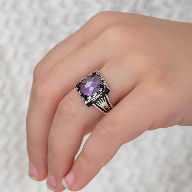 Men's Statement Ring - Sterling Silver Lilac Zircon with Crown Detail