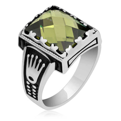 Men's Statement Ring - Sterling Silver Olive Green Zircon with Crown Detail