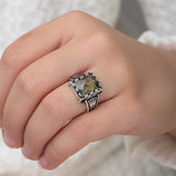 Men's Statement Ring - Sterling Silver Olive Green Zircon with Crown Detail