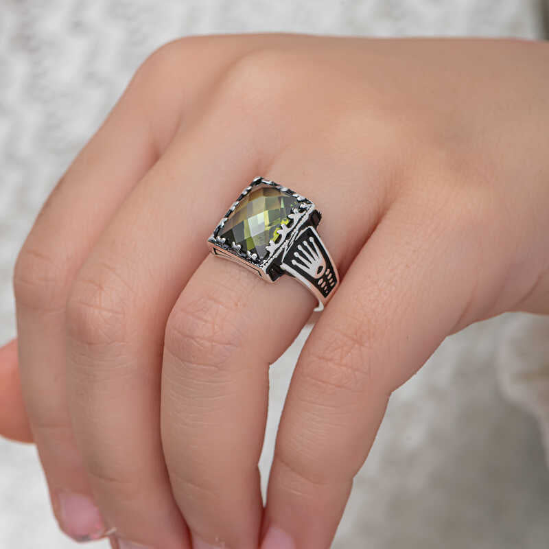 Men's Statement Ring - Sterling Silver Olive Green Zircon with Crown Detail