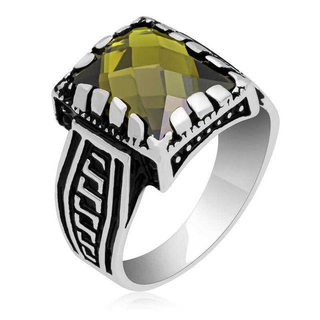 Men's Sterling Silver Ring - Faceted Olive Green Zircon Engraved Band