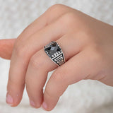 Men's Ring - Sterling Silver Black Zircon Geometric Statement Ring