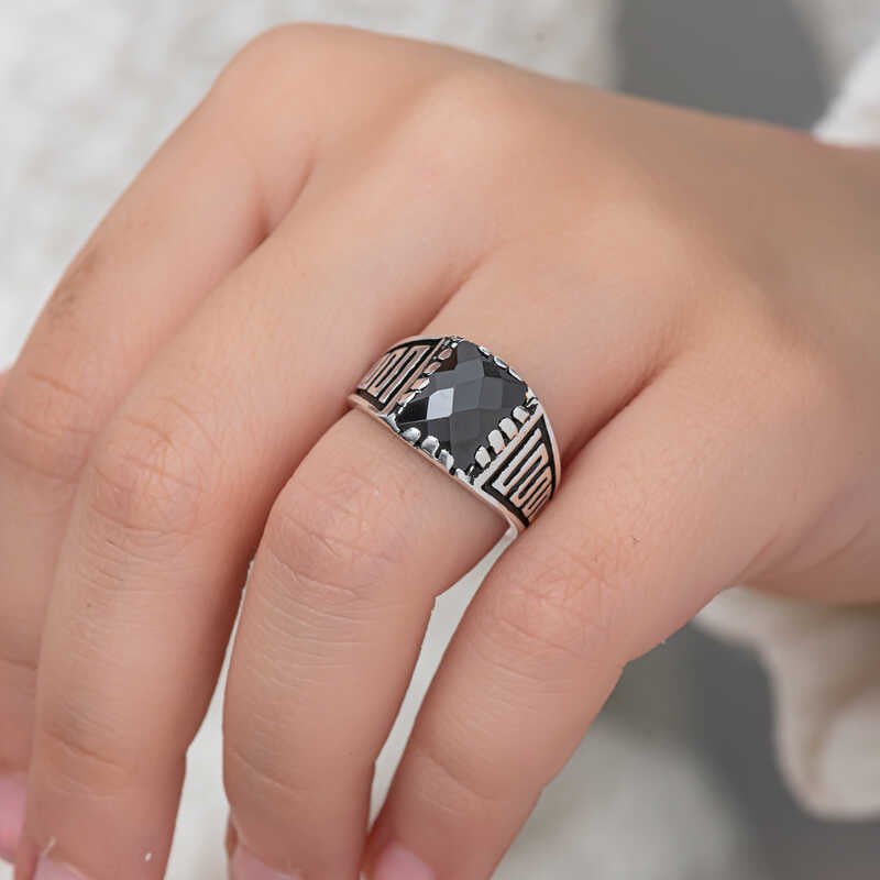 Men's Ring - Sterling Silver Black Zircon Geometric Statement Ring