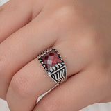 Men's Ring - Sterling Silver Red Zircon Classic Statement Ring