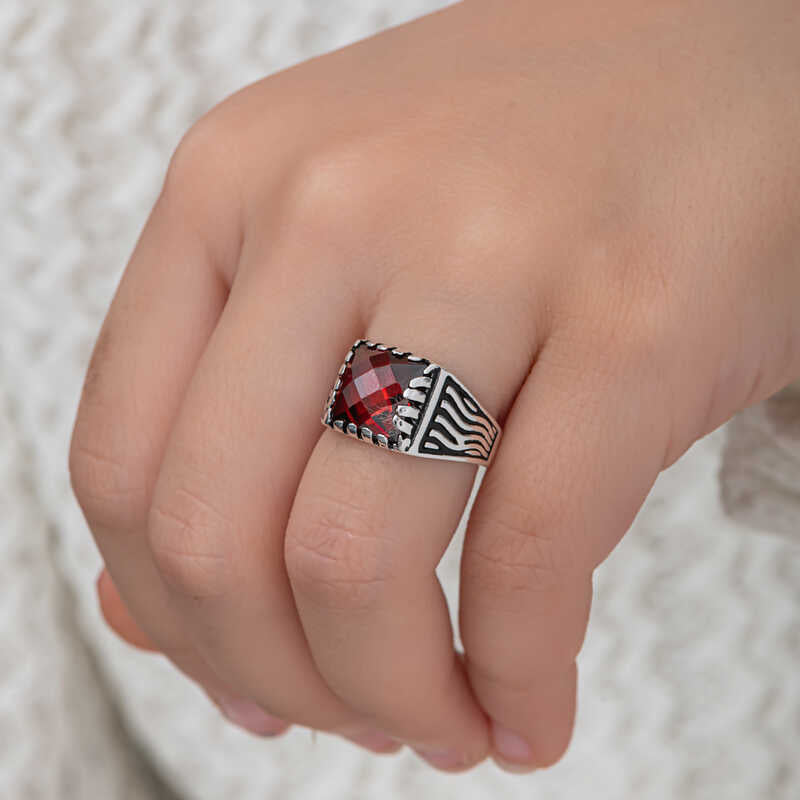 Men's Ring - Sterling Silver Red Zircon Classic Statement Ring