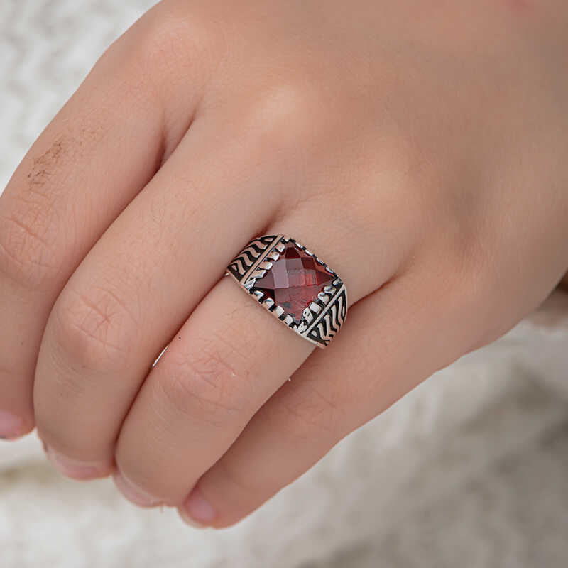 Men's Ring - Sterling Silver Red Zircon Classic Statement Ring
