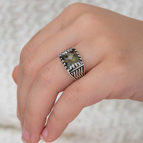 Men's Statement Ring - Sterling Silver Olive Green Zircon