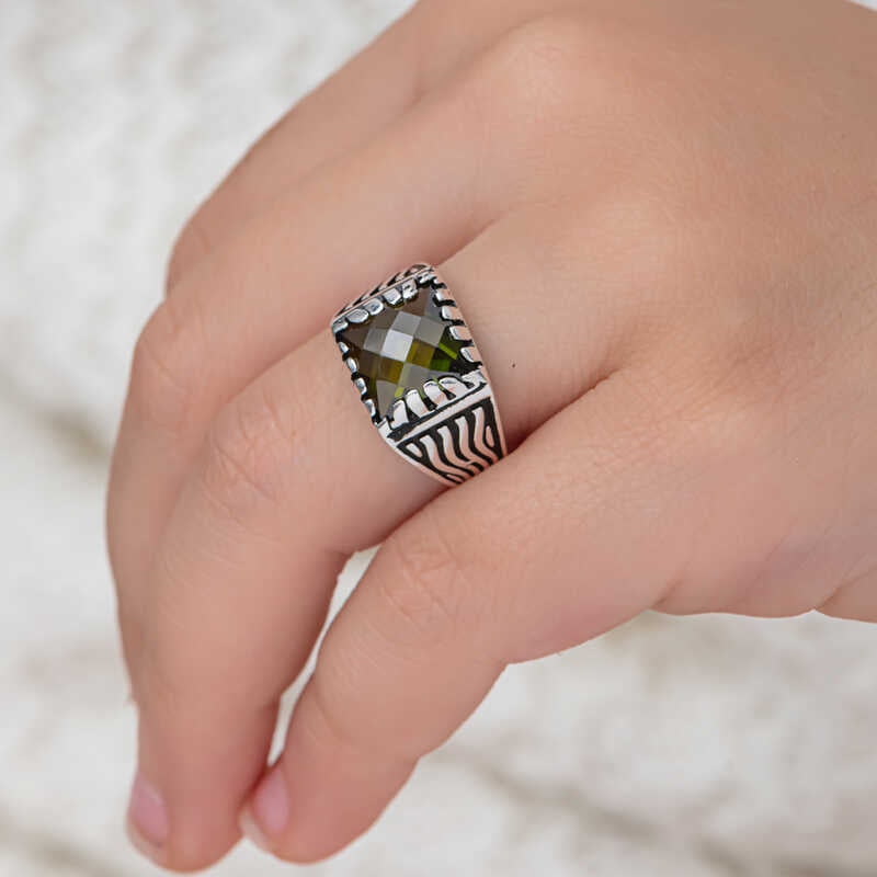 Men's Statement Ring - Sterling Silver Olive Green Zircon