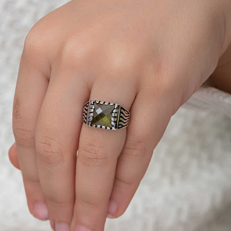 Men's Statement Ring - Sterling Silver Olive Green Zircon