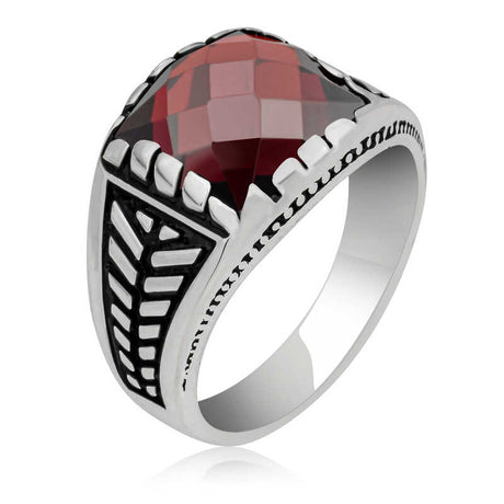 Men's Ring - Sterling Silver Red Zircon Statement Ring