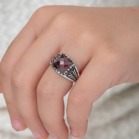 Men's Ring - Sterling Silver Red Zircon Statement Ring