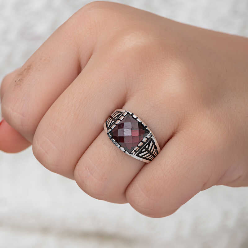Men's Ring - Sterling Silver Red Zircon Statement Ring