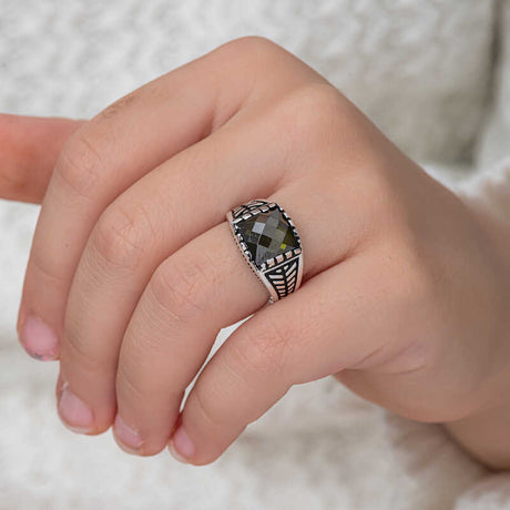 Men's Ring - Sterling Silver Olive Green Zircon Statement