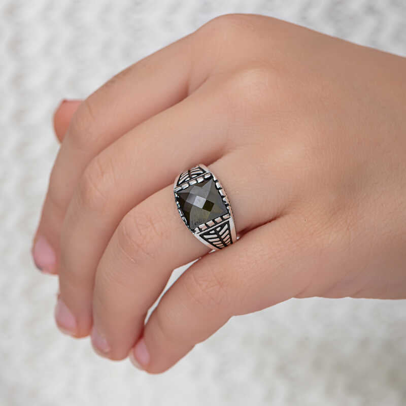 Men's Ring - Sterling Silver Olive Green Zircon Statement