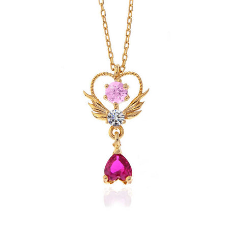 Gold-Tone Winged Heart Necklace - Dainty Pink & Clear Zirconia with Ruby Drop