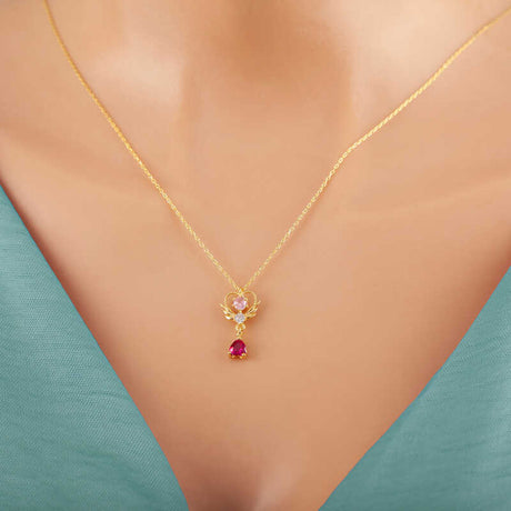 Gold-Tone Winged Heart Necklace - Dainty Pink & Clear Zirconia with Ruby Drop