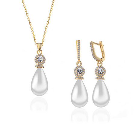 Gold Plated Silver Pearl & Cubic Zirconia Teardrop Jewelry Set