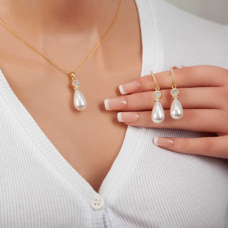 Gold Plated Silver Pearl & Cubic Zirconia Teardrop Jewelry Set