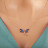 Rose Gold Plated Sterling Silver Dragonfly Necklace - Blue & Clear Zirconia