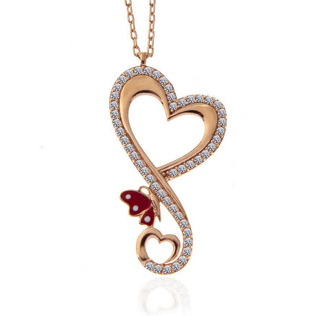 Necklace - Rose Gold Plated Sterling Silver Zirconia Heart & Butterfly