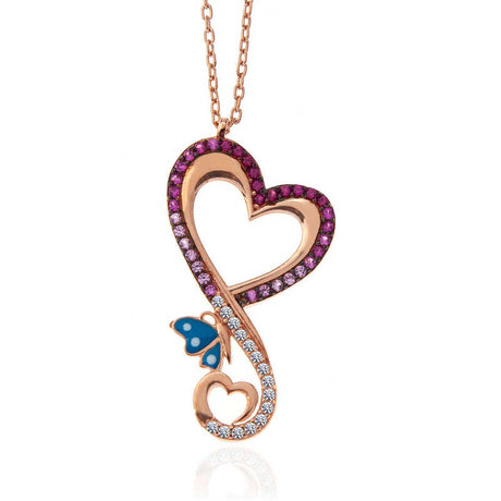 Rose Gold Plated Sterling Silver Heart Butterfly Necklace - Zirconia