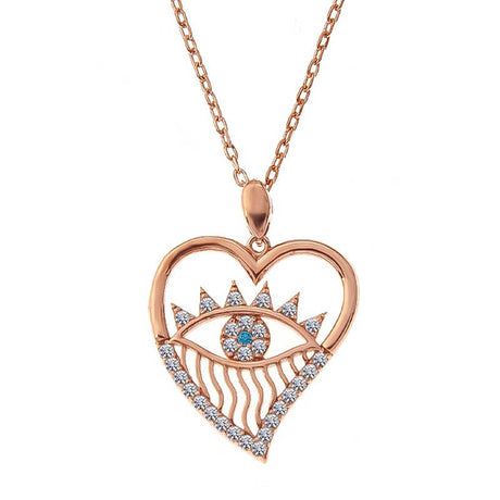 Necklace - Rose Gold Tone Heart Evil Eye Pendant with Sparkling Stones