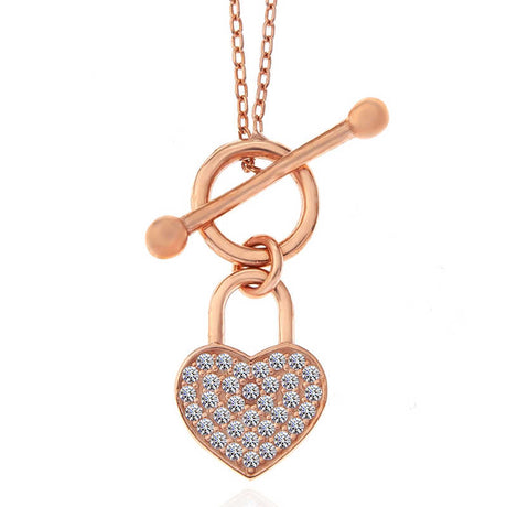 Rose Gold Tone Toggle Necklace - Zirconia Pave Heart Lock Pendant
