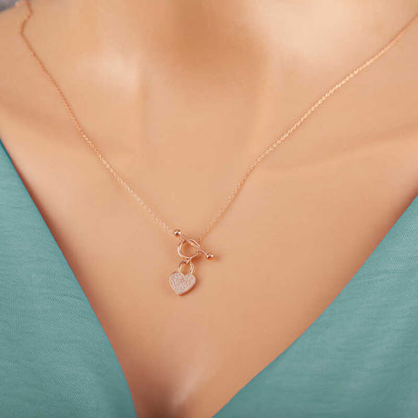 Rose Gold Tone Toggle Necklace - Zirconia Pave Heart Lock Pendant