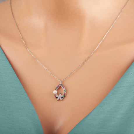 Silver-Tone Teardrop Floral Necklace with Pearl & Multi-Color Zirconia