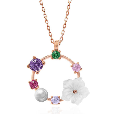 Necklace - Rose Gold Plated Colorful Stone & Pearl Floral Charm