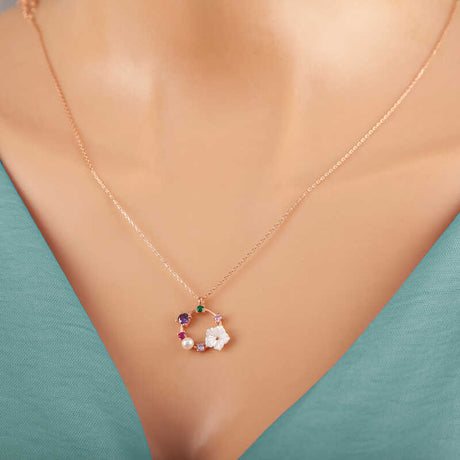 Necklace - Rose Gold Plated Colorful Stone & Pearl Floral Charm