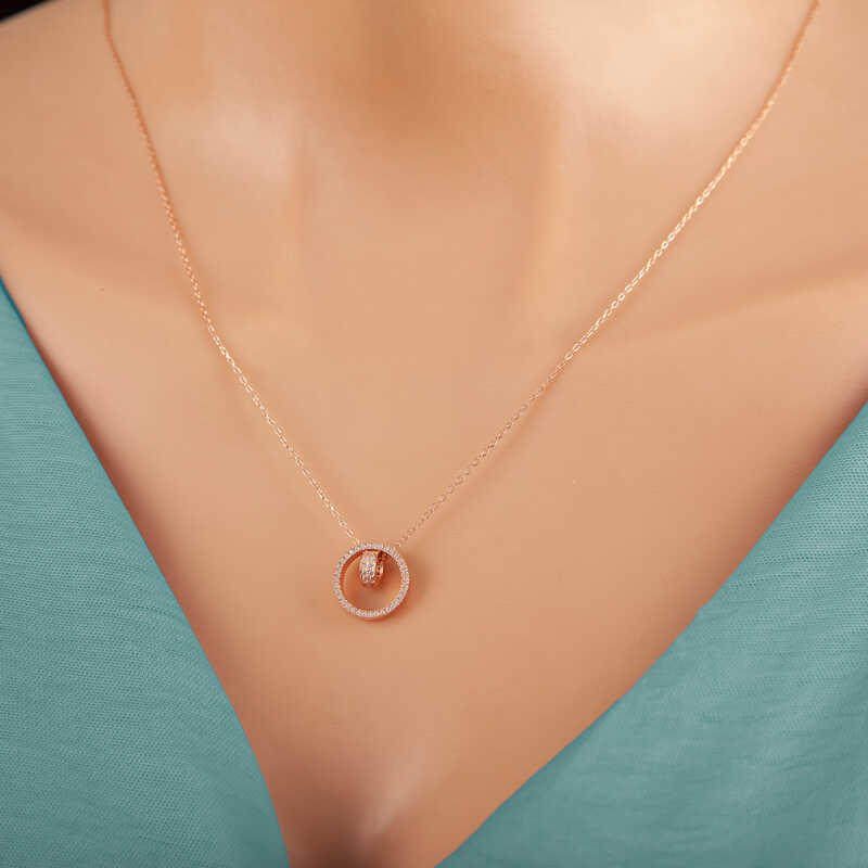 Rose Gold-Tone Necklace - Sparkling Interlocking Circle Pendant