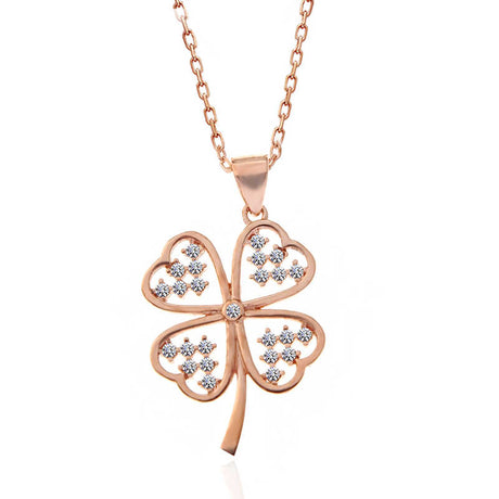 Rose Gold Plated Necklace - Sparkling Four-Leaf Clover Pendant