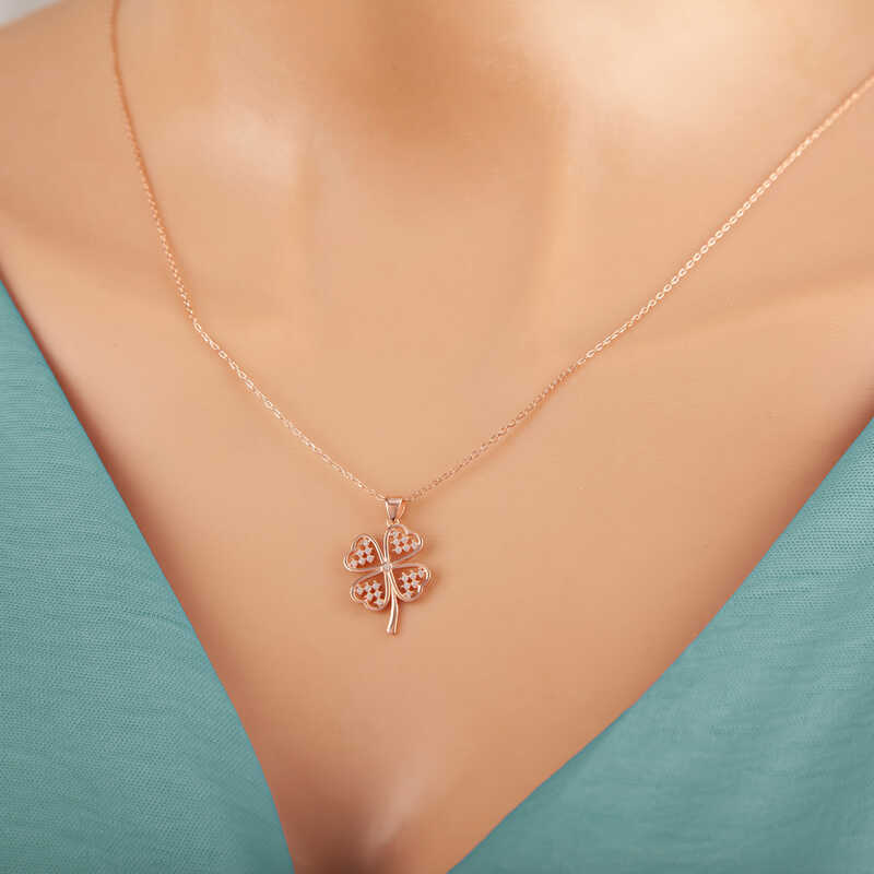 Rose Gold Plated Necklace - Sparkling Four-Leaf Clover Pendant