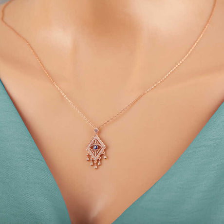 Necklace - Rose Gold-Tone Zircon Evil Eye Dangle Pendant