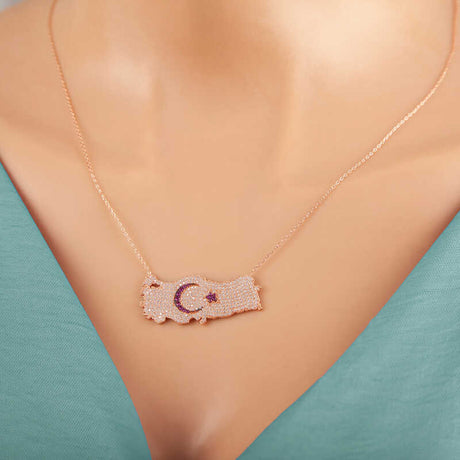 Rose Gold Plated Turkey Map Necklace with Crescent Star Zirconia