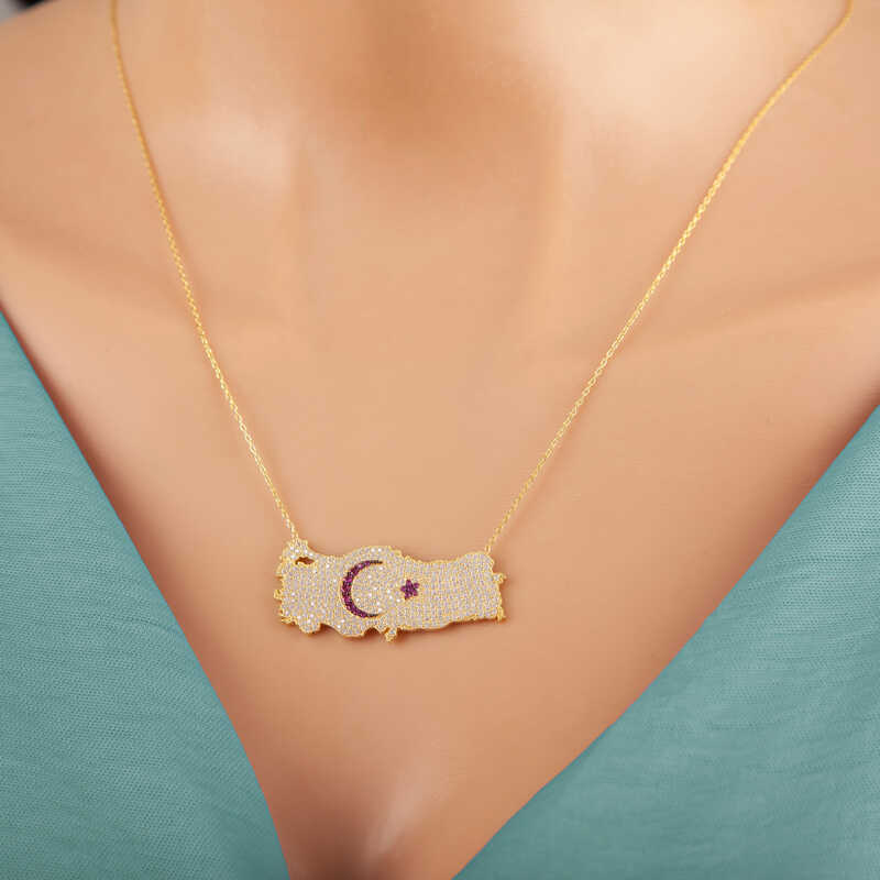 Necklace - Gold-Tone Zircon Turkey Map Crescent Star