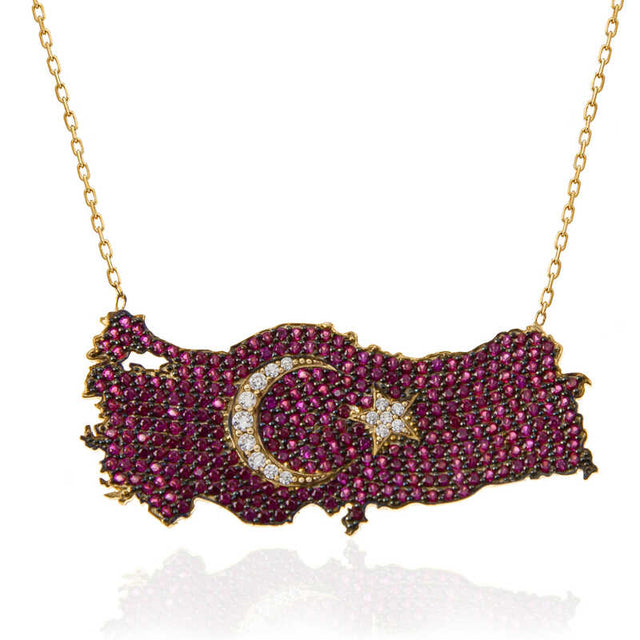 Gold-Tone Turkey Map Statement Necklace - Ruby Red & White Zircon