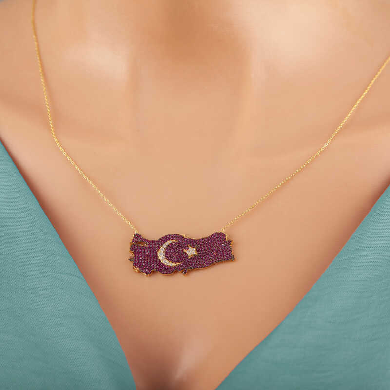 Gold-Tone Turkey Map Statement Necklace - Ruby Red & White Zircon