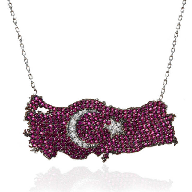 Sterling Silver Turkey Map Necklace - Ruby-like Stones & CZ Crescent Star