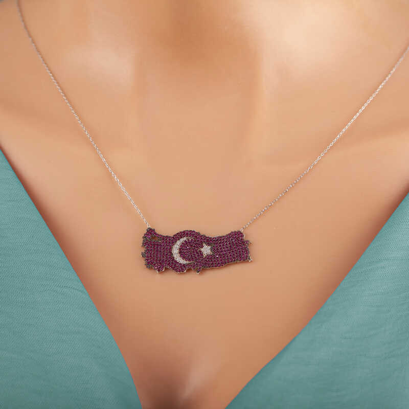 Sterling Silver Turkey Map Necklace - Ruby-like Stones & CZ Crescent Star