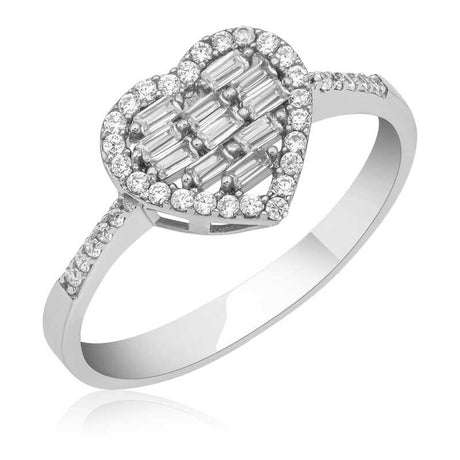 Sterling Silver Heart Ring - Baguette & Round Cut Stone Halo