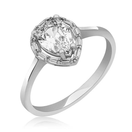 Ring - Sterling Silver Pear-Cut White Stone Halo Ring