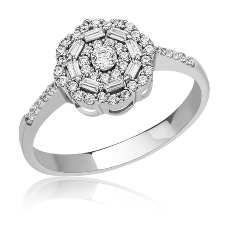 Ring - Silver-Tone Baguette & Round Cut Daisy Halo