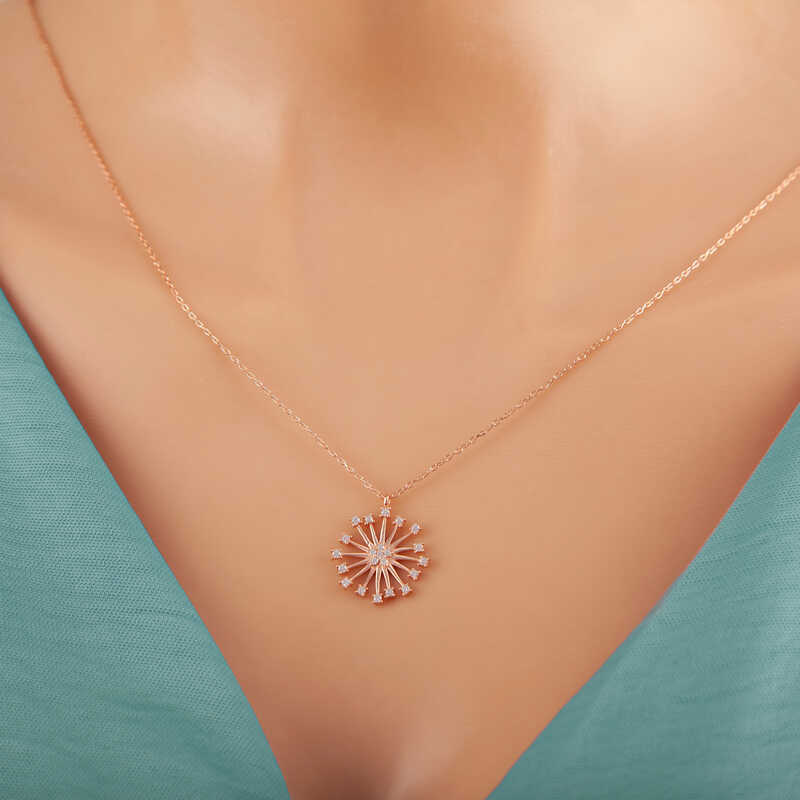 Necklace - Rose Gold Plated Silver Dandelion Starburst CZ Pendant