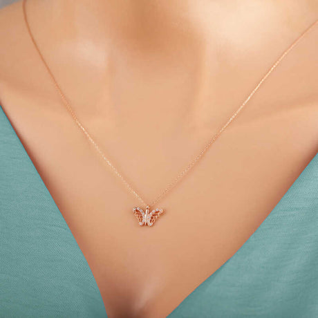 Rose Gold Plated Silver Necklace - Sparkling Butterfly Pendant with White Stones
