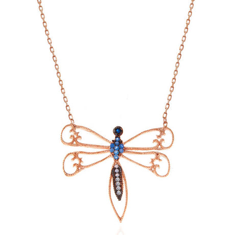 Rose Gold Plated Sterling Silver Dragonfly Necklace - Dainty Blue & White Stone Design