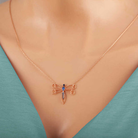 Rose Gold Plated Sterling Silver Dragonfly Necklace - Dainty Blue & White Stone Design