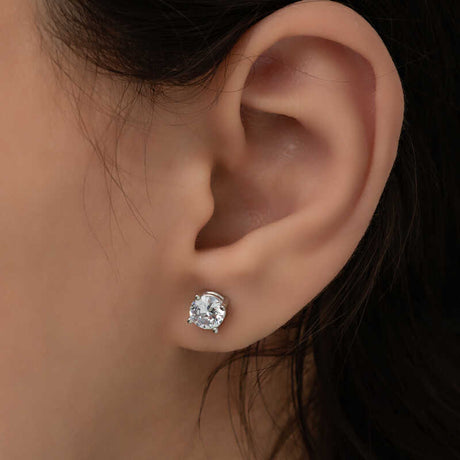 Stud Earrings - Sterling Silver White Zircon Solitaire Prong Set